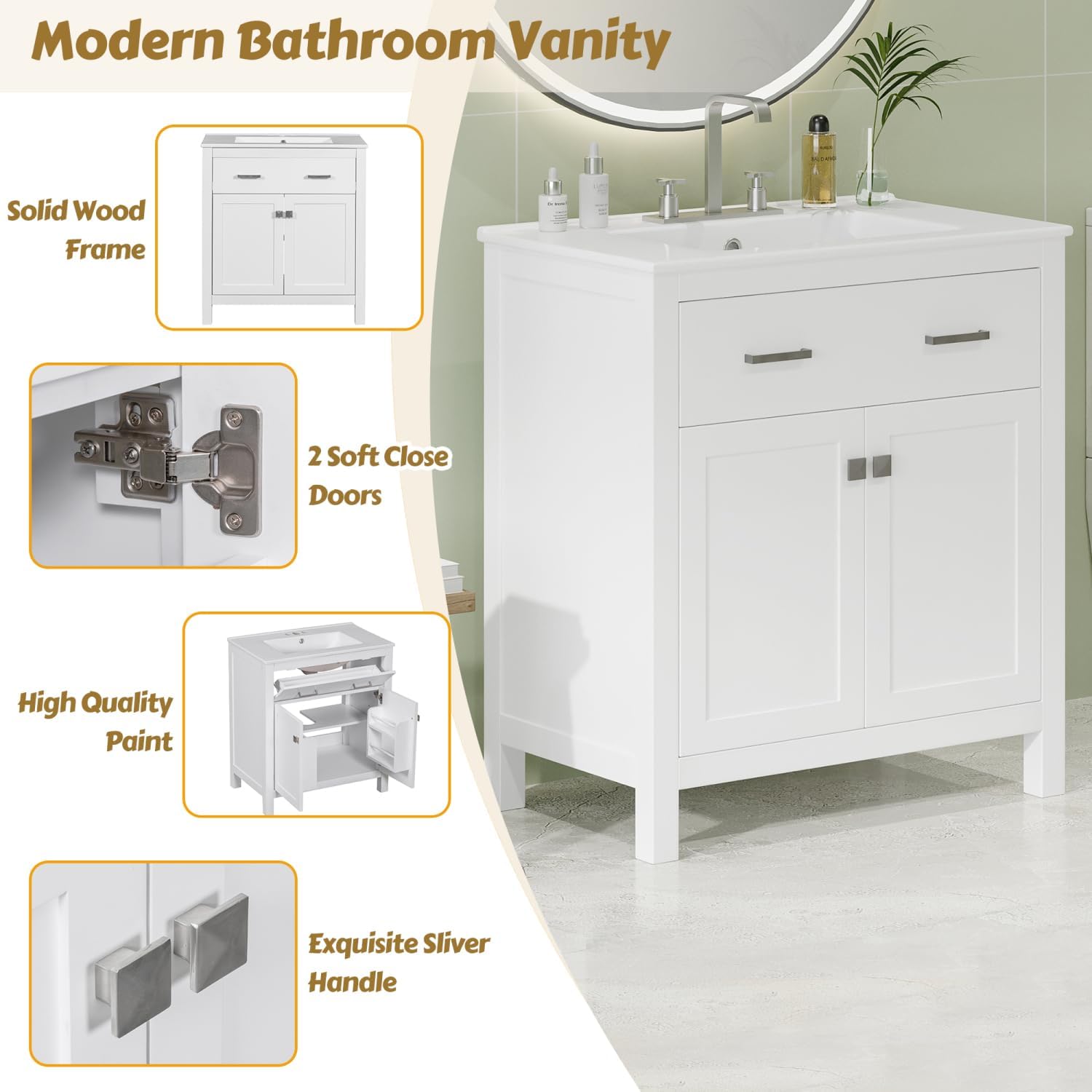 60" Modern White Bathroom Vanity Set with Double Vanities (Separate), Double Ceramic Sinks, Adjustable Shelf, Soft Close Doors and Flip Drawer for Spacious Bathrooms