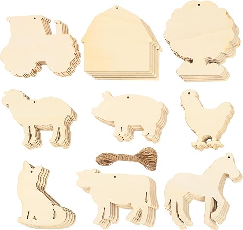 45 piezas de animales de granja sin pintar con formas de recortes de madera vaca, cerdo, pollo, caballo, oveja, perro, animales sin terminar,