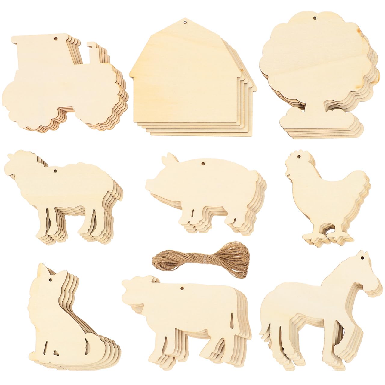 45pcs Farm Animals Unpainted Wood Cutout Shapes Cow Pig Chicken Horse Sheep Dog Unfinished Animal Wooden Ornaments Blank Tags for Christmas Party Wall