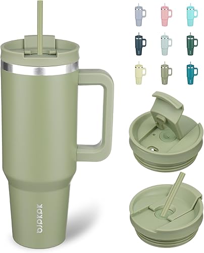Miniatura 23 de BJPKPK Vaso de Acero Inoxidable de 30 oz con Asa, Vasos Térmicos Aislantes con 2 Pajitas, Taza de Café de Viaje con Tapa, Chicle Bubble gum,Verde