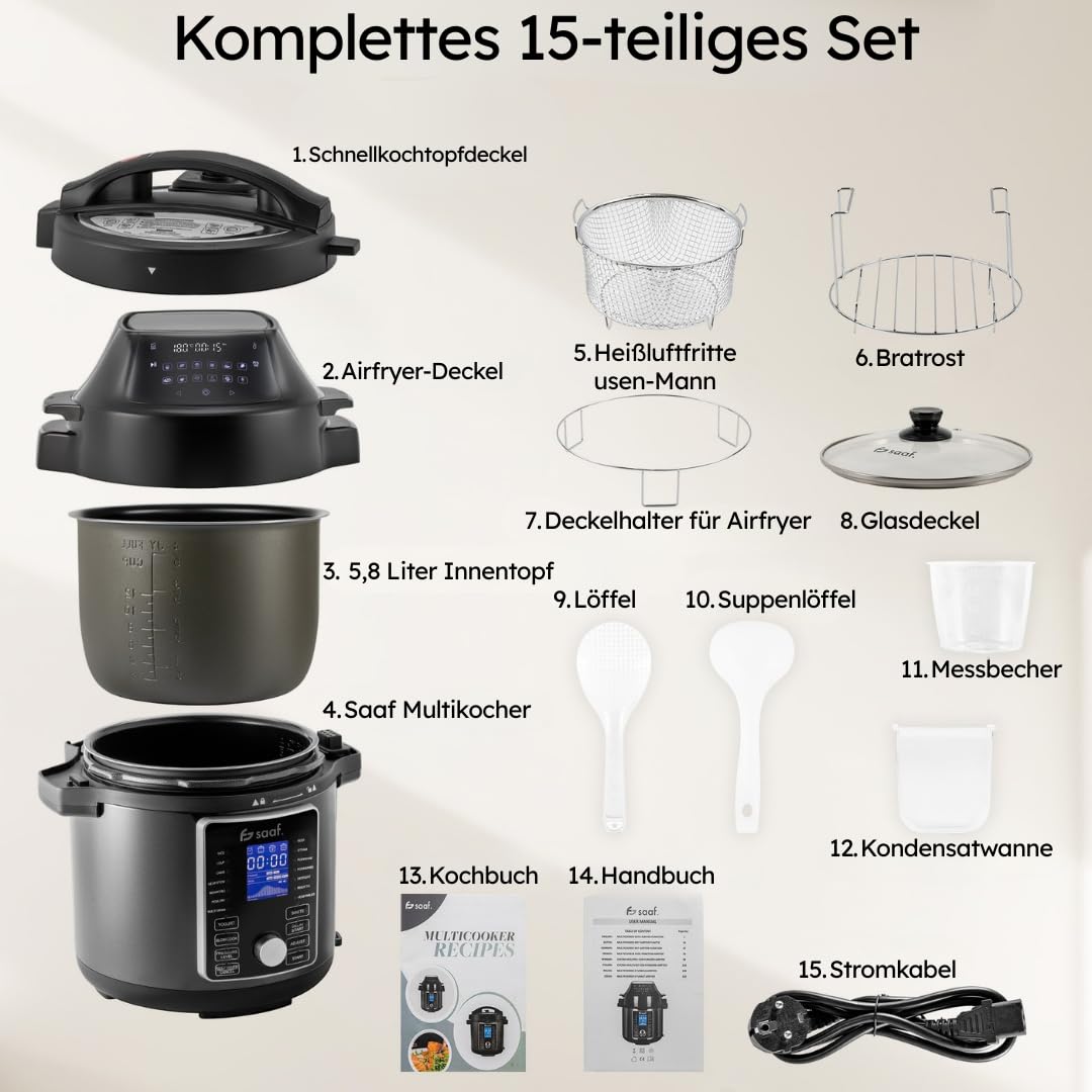 Saaf Multicooker mit Airfryer – 15-Teiliges Set – 24 Programme – Slowcooker, Reiskocher, Dampfgarer & Schnellkochtopf, Schongarer – 6L – Inklusive Korb, Kochtopf & Kochbuch – Digitales Display