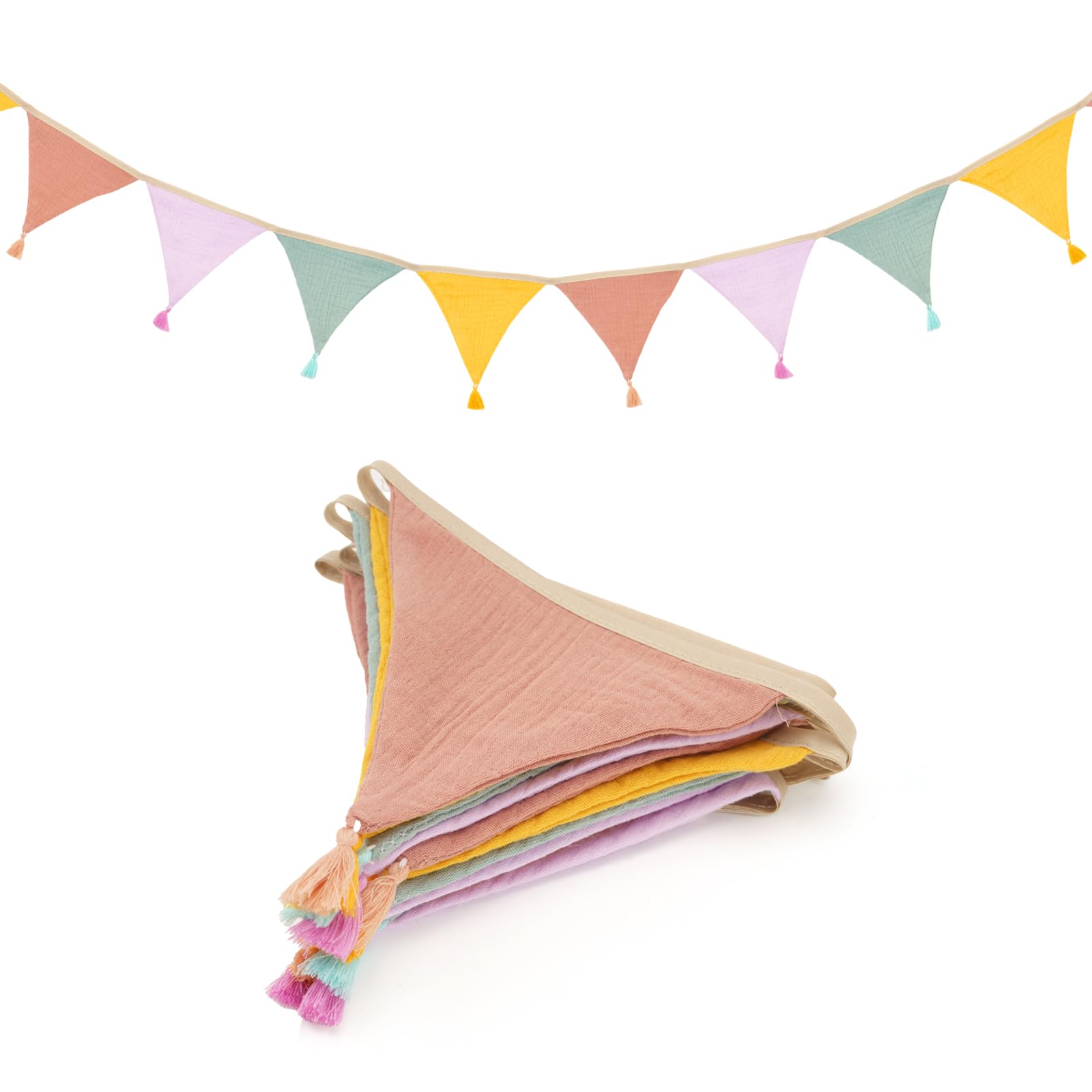 jijAcraft Wimpelkette Kinderzimmer mit Quasten Gelb Rosa: 2,8m Stoff Wimpelkette Musselin Doppelseitig Girlande Kinderzimmer Stoffgirlande Mädchen Junge für Hausbett, Babybett,Kinderbett