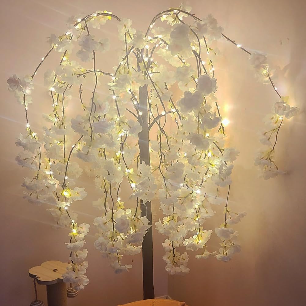 Albero di ciliegio illuminato, albero artificiale a LED, 1,2 m, albero di fiori di ciliegio rosa, con luce per decorazione di interni, cortile di famiglia, festa di matrimonio, festa di Natale, bianco