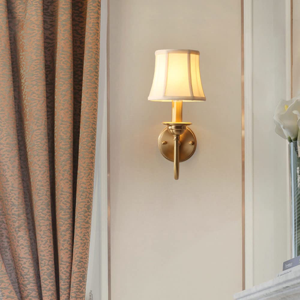 Wall Lamp E14 Retro Fabric Light Single Head Full Copper Sconce Simple Living Room Decorative Lantern American Style Country Bedroom Balcony Corridor Fixture