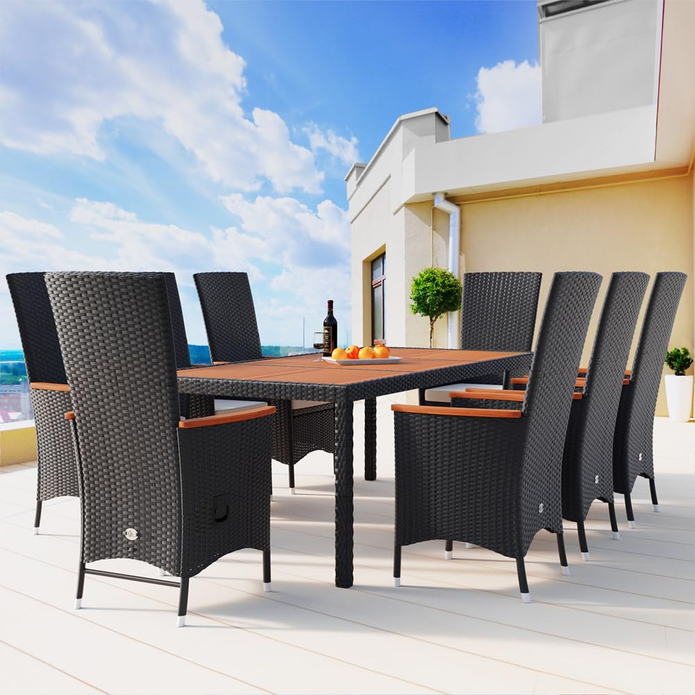 Casaria® Gartenmöbel Set 8 Stühle inkl. 7cm Auflagen mit Tisch 2X Verstellbare Lehne Outdoor Terrassenmöbel Polyrattan Wetterfest Holz Akazie Essgruppe Garten Balkon Lounge