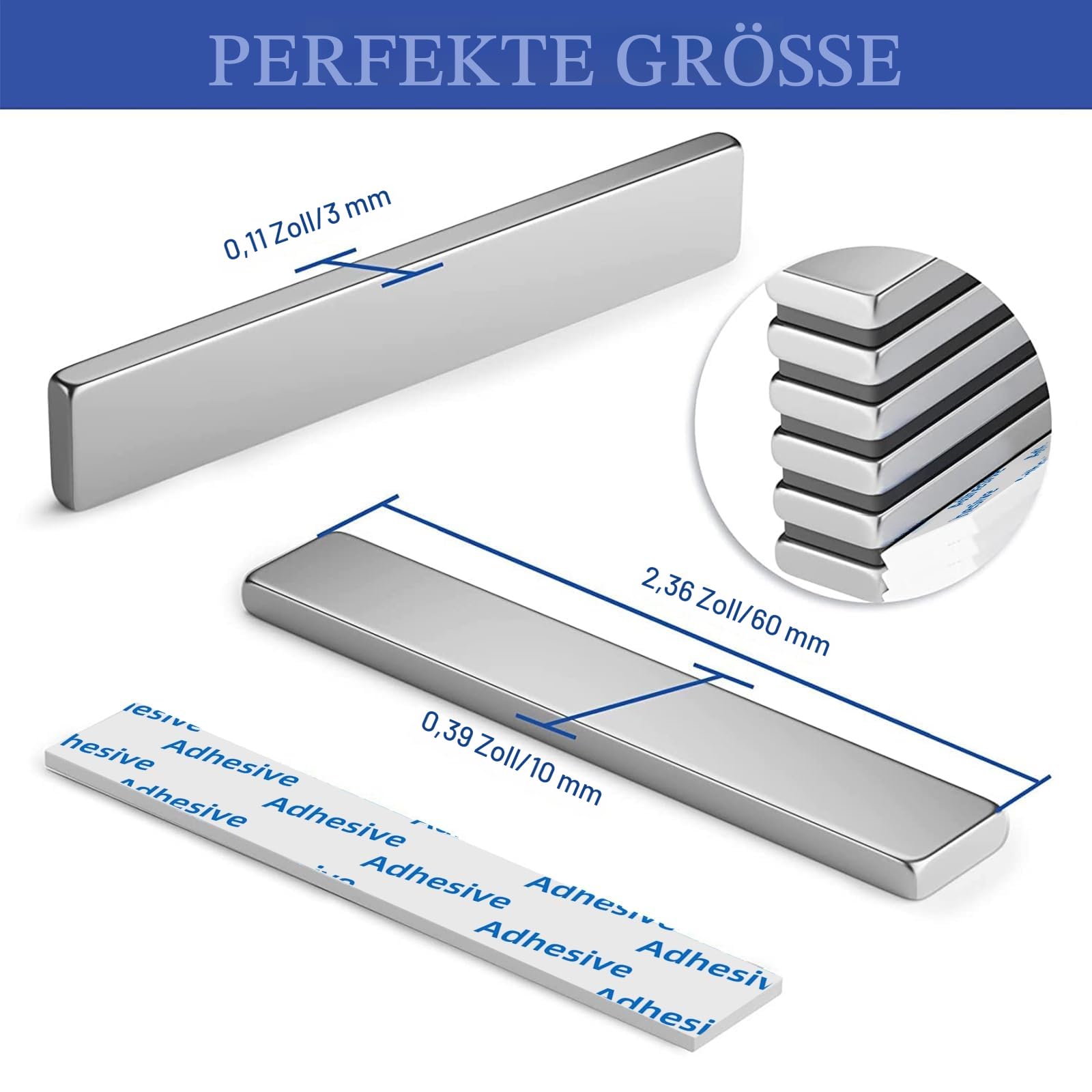 FINDMAG Magnete Stark, Kühlschrankmagnete, Magnete für Magnettafel, Seltenerdmagnete mit doppelseitigem Klebstoff (20 Stück, 60x10x3mm)