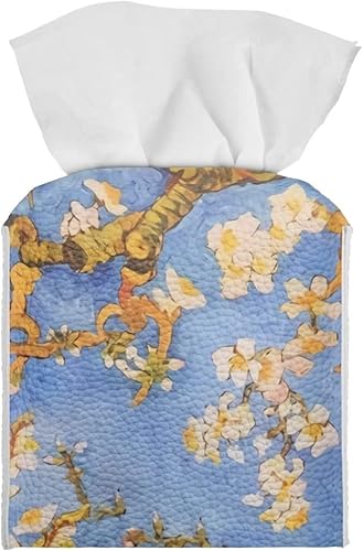Van Gogh - Caja de pañuelos con diseño de flor de almendra, caja cuadrada para pañuelos decorativos para escritorio de oficina de mesa