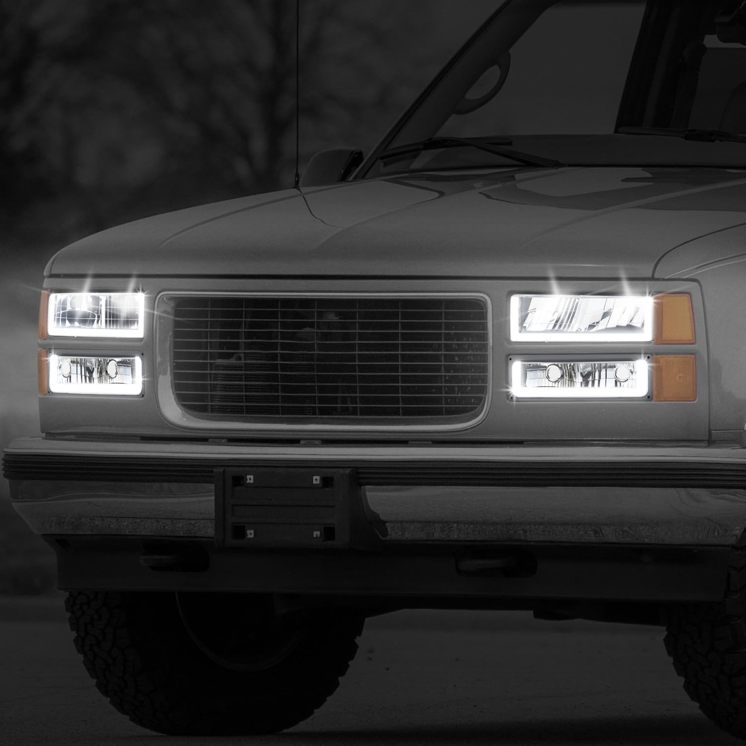 DNA MOTORING U Style LED DRL Headlight+Signal Lamps Set Compatible with 92-99 Chevy GMC C/K 1500 2500 Suburban Yukon,Black,HL-LB3-4P-C10-BK