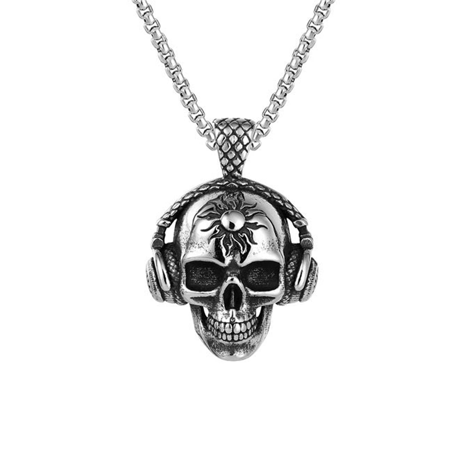 Hcma Men's N535-Rapper Death Rock Headphone Skull Titanium Steel Necklaces Pendant Punk For Boyfriend Hip Hop Rock Party Jewelry Creativity Gift