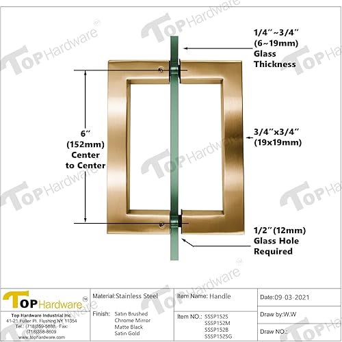 Miniatura 5 de Tirador tubular de acero para puerta de ducha de grado 304, 6 pulgadas, cuadrado, acabado de latón satinado SSSP152-SG