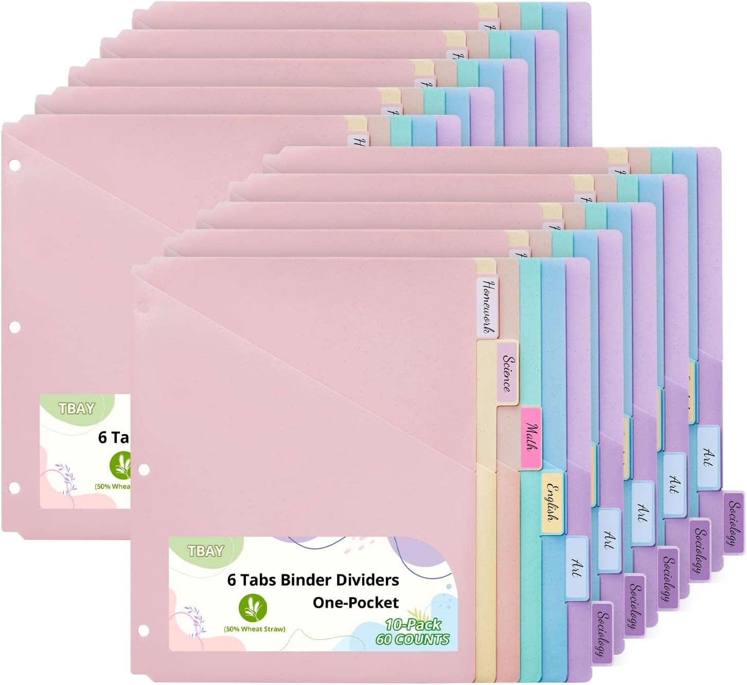 Bundle 10 Packs 6-Tab Letter Size Dividers for 3 Ring Binder, 60 Counts Wheat Straw Binder Dividers with One Pocket, 6 Pastel Colors, Perfect for School, Office Supplies (10)