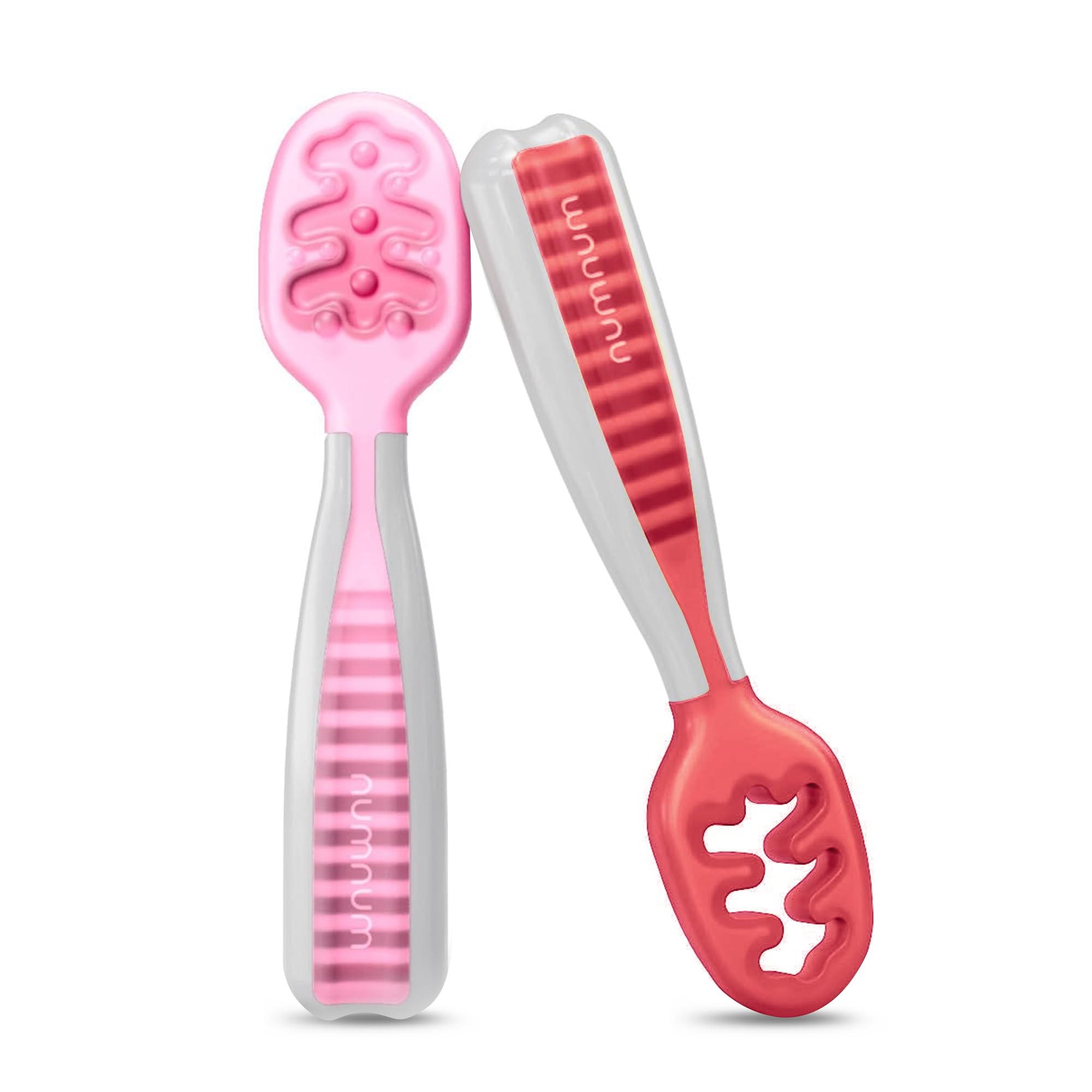 NumNum Baby Spoons Self Feeding 6 Months, 2-Pack Red/Pink