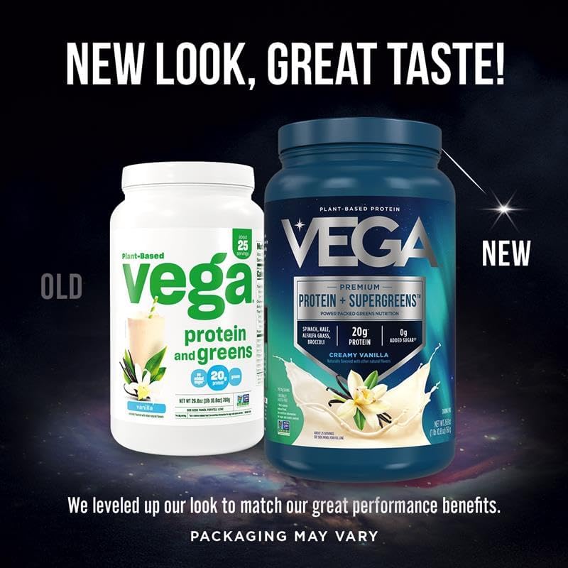 Old and new packaging of Vega Protein + Supergreens