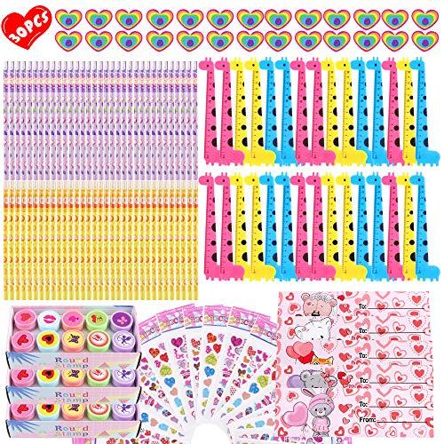 Valentine’s Day Stationery Gift For Kids Classroom 30 Pcs Assorted Stationery Exchange Pencil Eraser Ruler Stamper And Stickers Classroom Prizes Goodie Bag Party Supplies With Valentines Gift Cards #TOP1