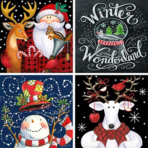JMbeauuuty 4 Packung 5D Diamant DIY Diamant Painting Bilder mit Zubehör Erwachsene, Diamant Malerei für Heim und Büro Décor Malerei Full Groß Set Weihnachtsmann Schneemann Hirsch - 25 x 25 cm Cover