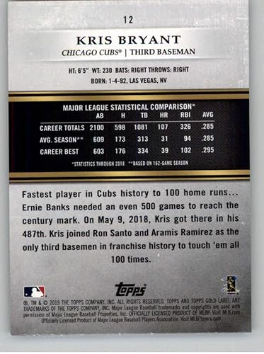 Miniatura 2 de 2019 Topps Gold Label Class Two #12 Kris Bryant NM-MT Chicago Cubs Baseball Trading Card