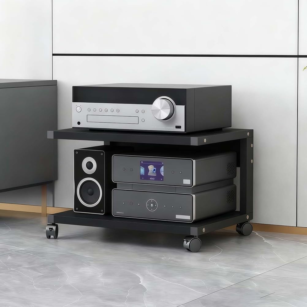 Mobile AV Media Stand con ruote, 2 ripiani in legno audio-video rack per console di gioco e apparecchiature TV, moderno centro di intrattenimento