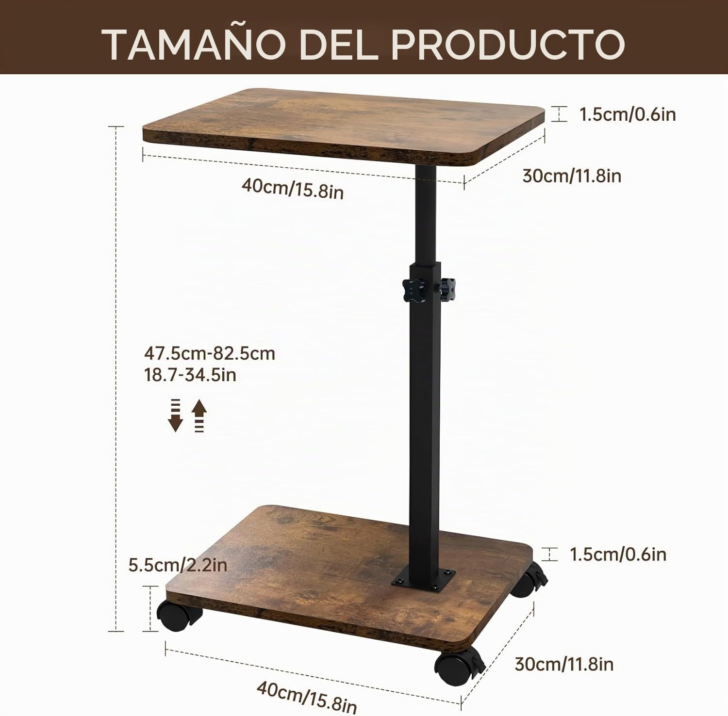 Mesa auxiliar en forma de C, MDF y metal, moderna, regulable en altura con ruedas, café, mesa de noche, més para salón, dormitorio, cuarto de aseo
