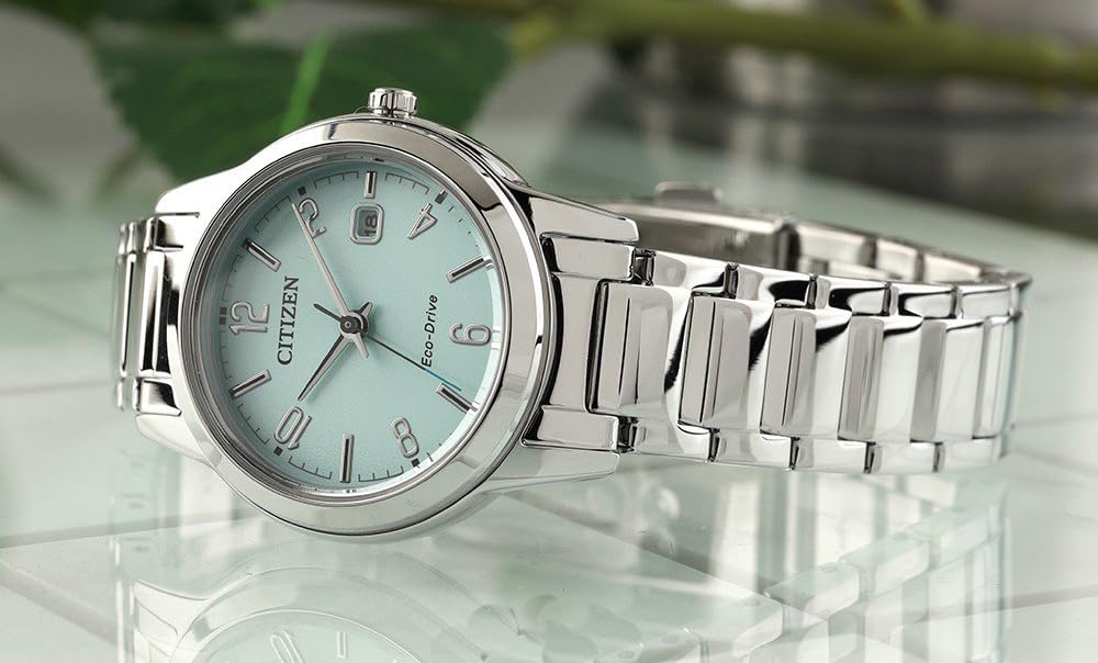 Citizen Eco-Drive Damenuhr Edelstahl, Grün, 29.4 mm, FE1241-71X | Eco-Drive Solar | Keine Batterie Nötig | Kristallglas | 3 bar Wasserdicht | 240 Tage Gangreserve | Datum | Edelstahlband