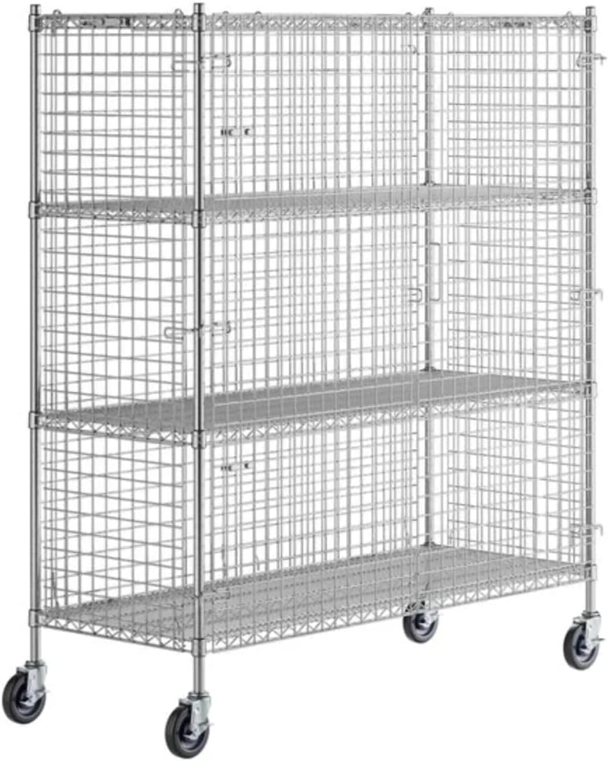 Mobile Security Wire Cage Kit – Heavy Duty NSF Utility Storage Unit with Lockable Doors & Wheels – Commercial Grade Metal Wire Shelving, Multiple Sizes & Colors (Chrome, 24" x 60" x 70")