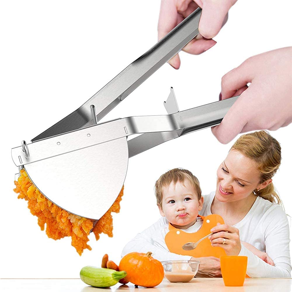 ZOOPIE Edelstahl-Kartoffelstampfer, Handpresse, Kartoffelpresse, Zitrone, Limette, Zitrusfrüchte, Orange, Obst, Gemüsepresse, Robustes Babynahrungssieb for gekochte Karotten/930