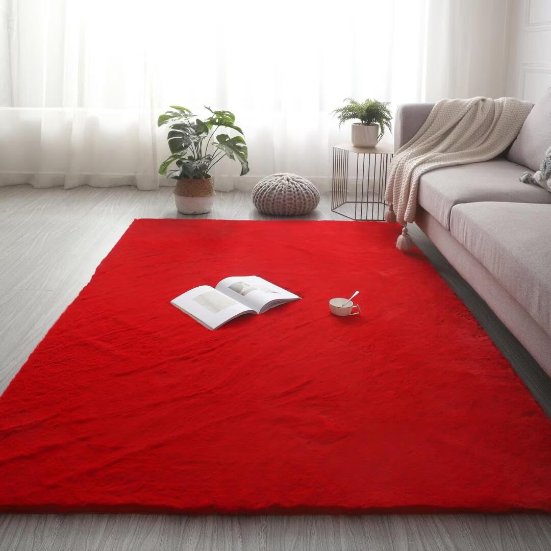 GGBOND Luxury Faux Rabbit Fur Carpet 60x120cm Thick Shaggy Plush Rug Anti-Shedding Hypoallergenic Non-Slip for Nursery Kids Play Pet Friendly Home Decor Red