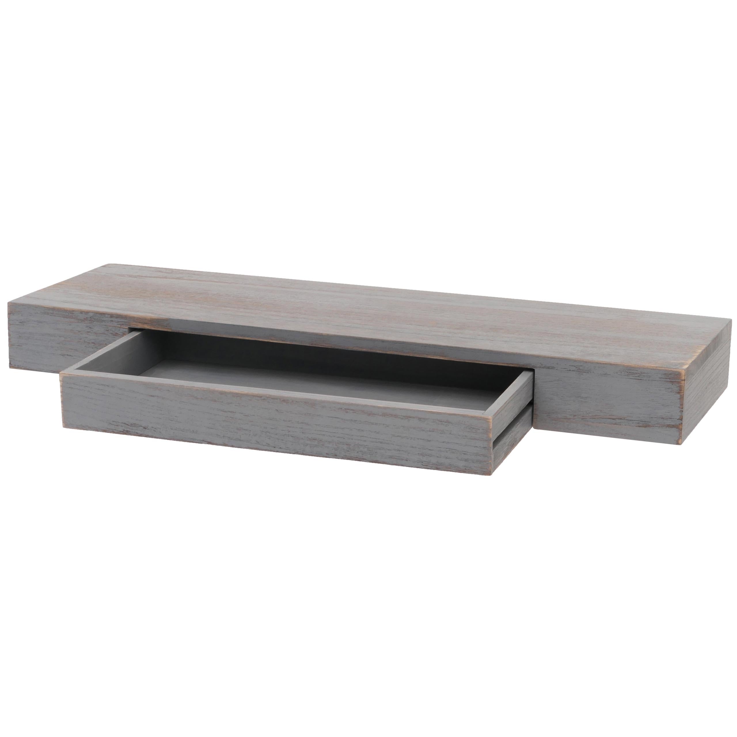 Mensola ripiano pensile con cassetto HWC-H37 25x80x8cm Legno massello Grigio Shabby