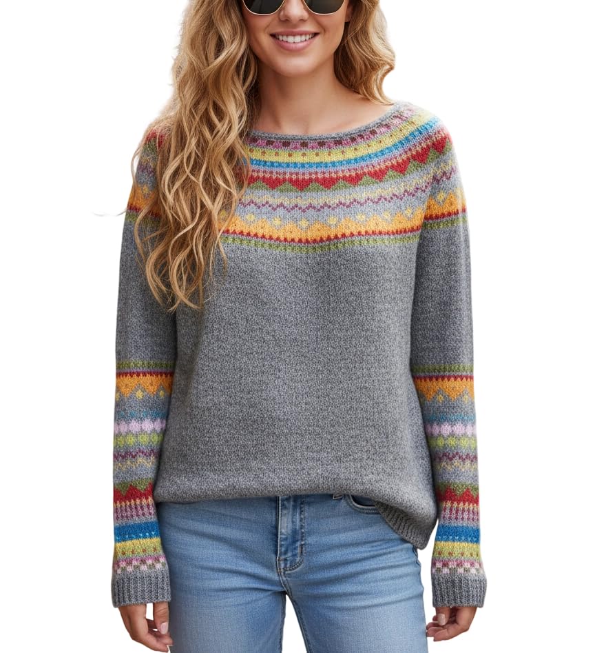 Womens Cozy Fair Isle Sweater Colorful Crewneck Long Sleeve Pullover 2025 Fall Winter Vintage Chic Knitted Tops