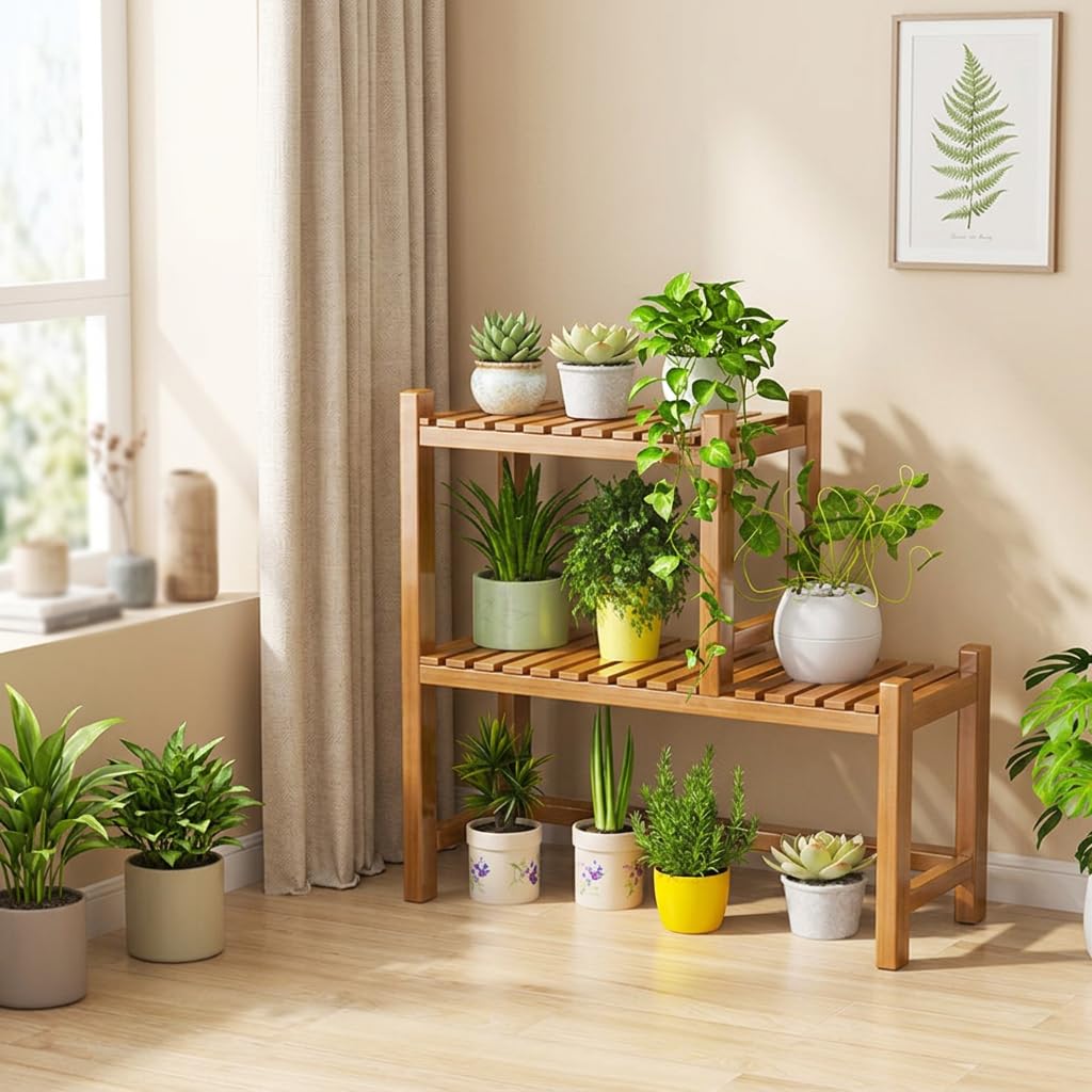Support Plantes en Bambou avec sign Escalier Élégant pour Présenter Fleurs Bonsaïs Plantes Retombantes Rangement Supplémentaire pour Objets Décoratifs , Couleur thé , 15cm
