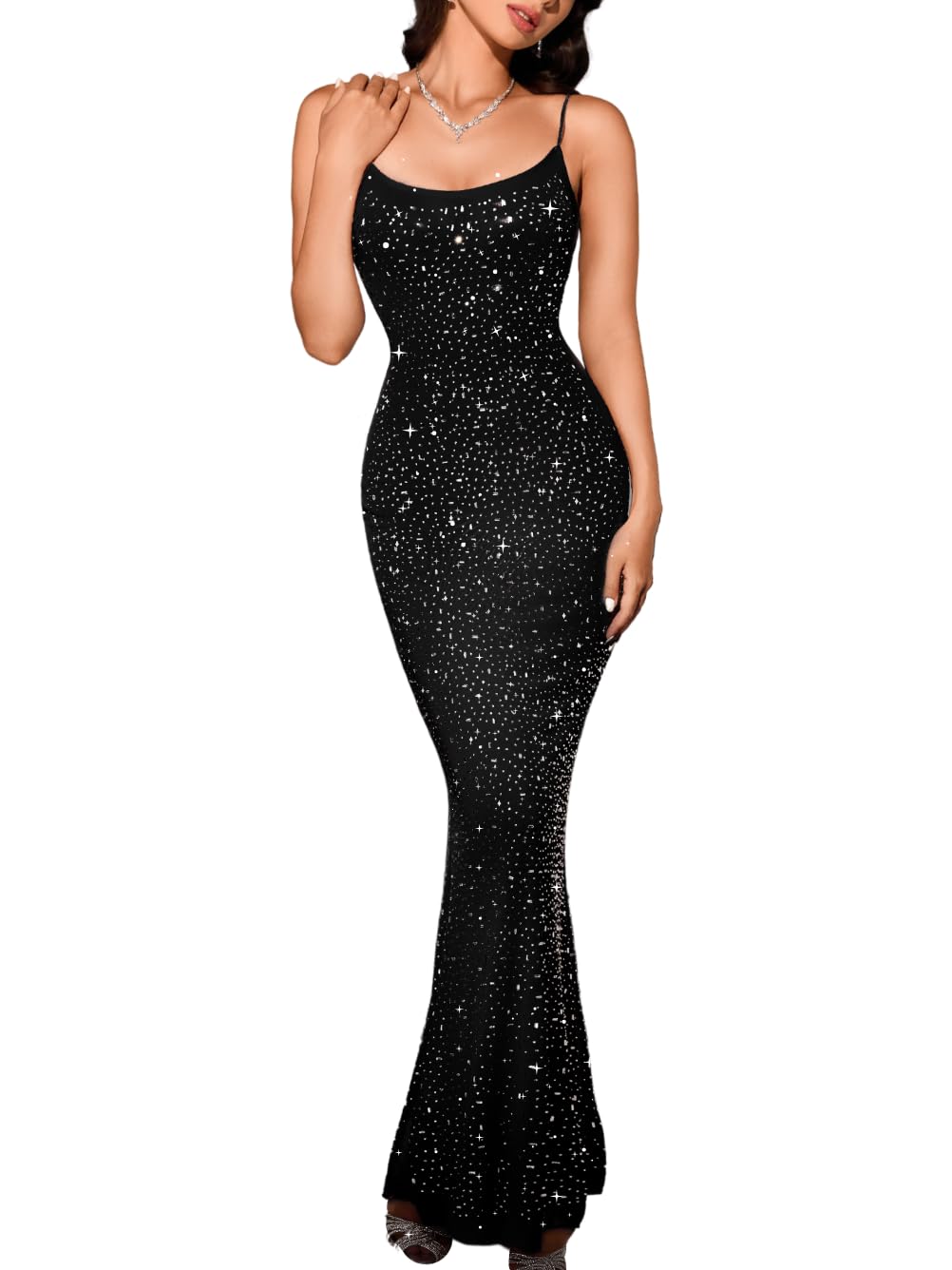 Kaei&amp;Shi Rhinestone Mesh Dress,Glitter Sparkly Embellished Sheer Maxi Dresses,Sexy Birthday Outfit for Women Cocktail Party