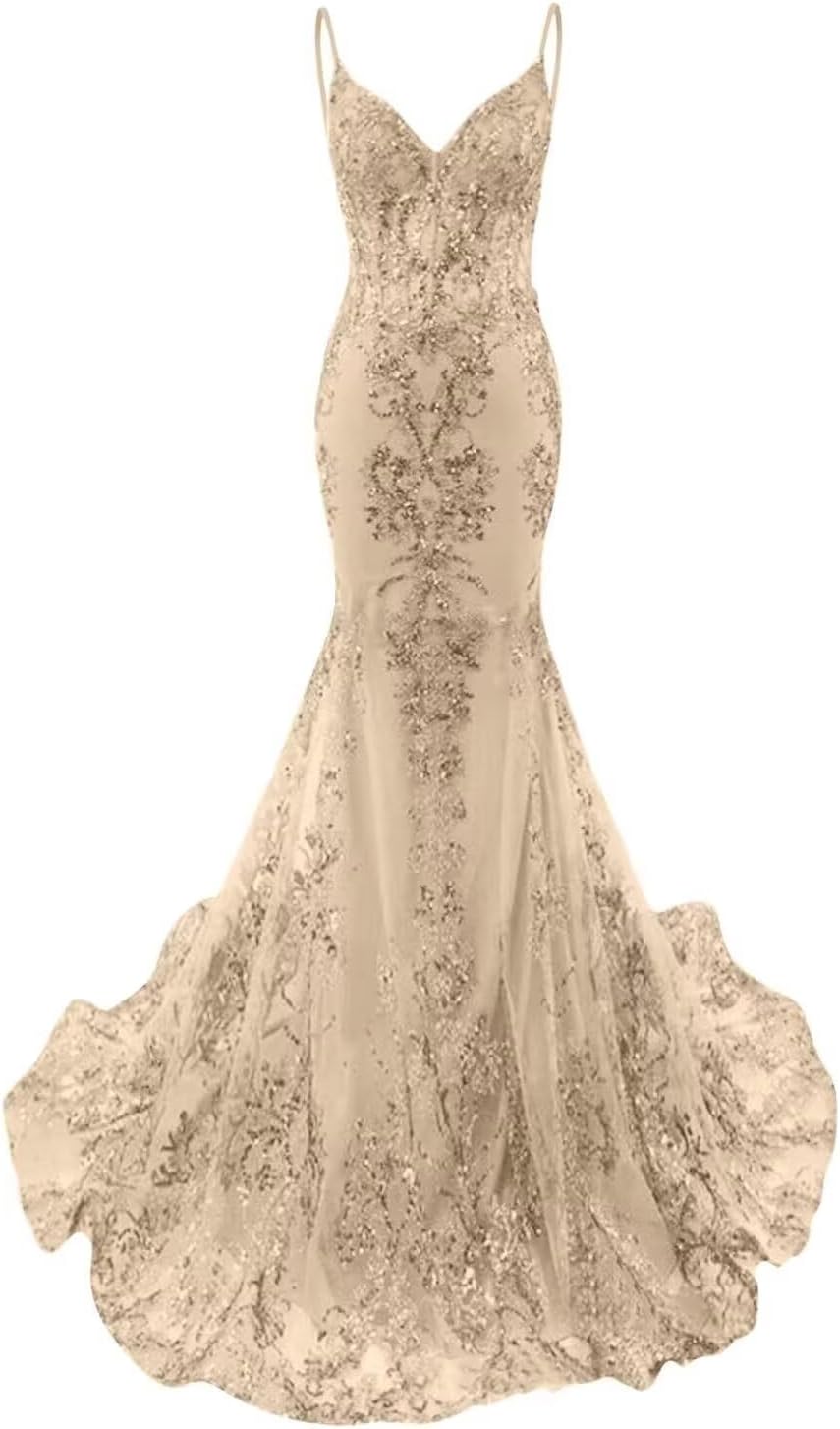 RYANTH Sparkly Sequin Mermaid Prom Dresses for Women 2025 Lace Applique V Neck Corset Formal Evening Dress with Train RDX-P36