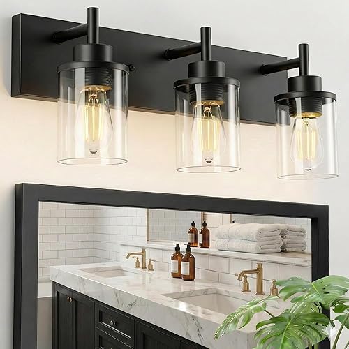 Lámparas de tocador, lámparas de baño negro mate sobre el espejo, lámpara moderna de apliques de pared con pantalla de vidrio transparente (3 luces)