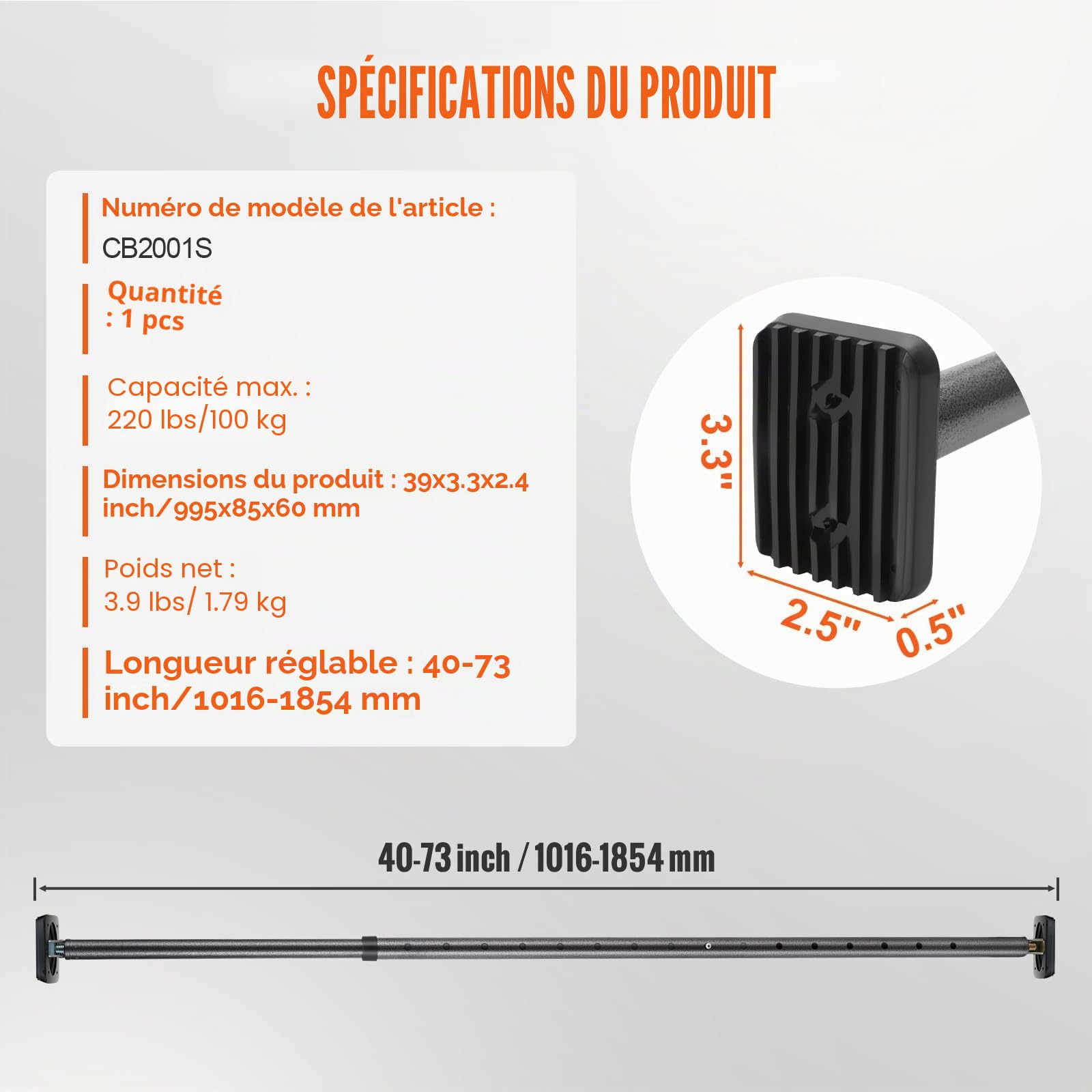 VEVOR Barre de Calage, Barre d'Arrimage à Cliquet Réglable de 101,6 à 185,4 cm, Barre Stabilisatrice de Chargement Robuste avec Capacité de 100 kg, pour Lit de Camion Fourgon, Remorque, Pickup