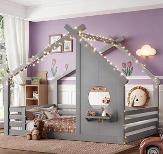 Bellemave Full House Floor Bed with Rail for Kids, Wood Montessori Floor beds with Window and a Small Shelf for Kids, Gray