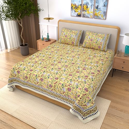 Image of India 100% Pure Cotton Jaipuri Printed Double Bedsheet with 2 Pillow Covers | Traditional Sanganeri Floral Design | Soft Breathable Fabric | King Size Bedsheet for Bedroom (Kaya44)