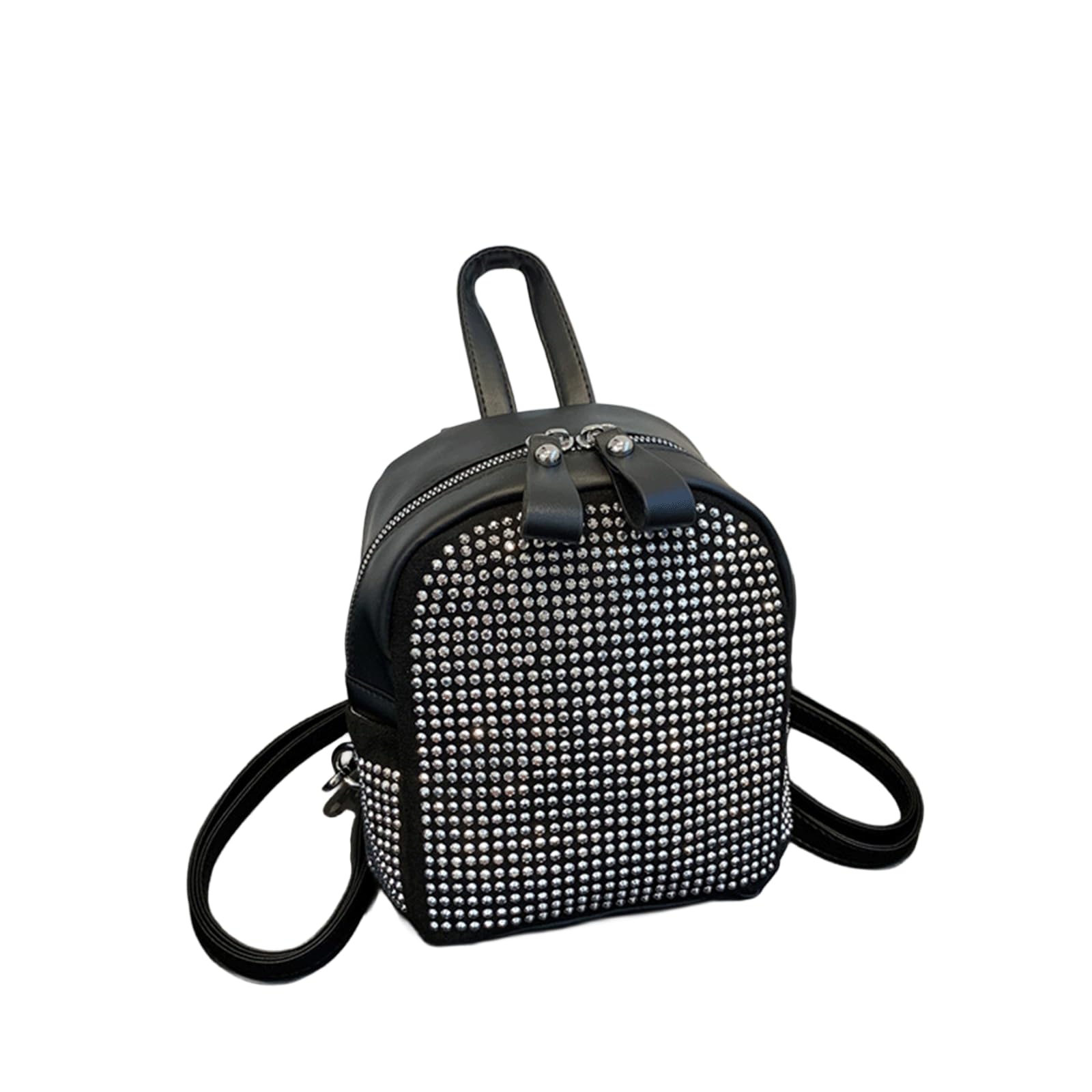Studded Backpack Purse Mini Metal Studs Trendy Studded Backpack for Women Bling Punk Rock Rhinestone Daypack Daily Party (Black Silver)