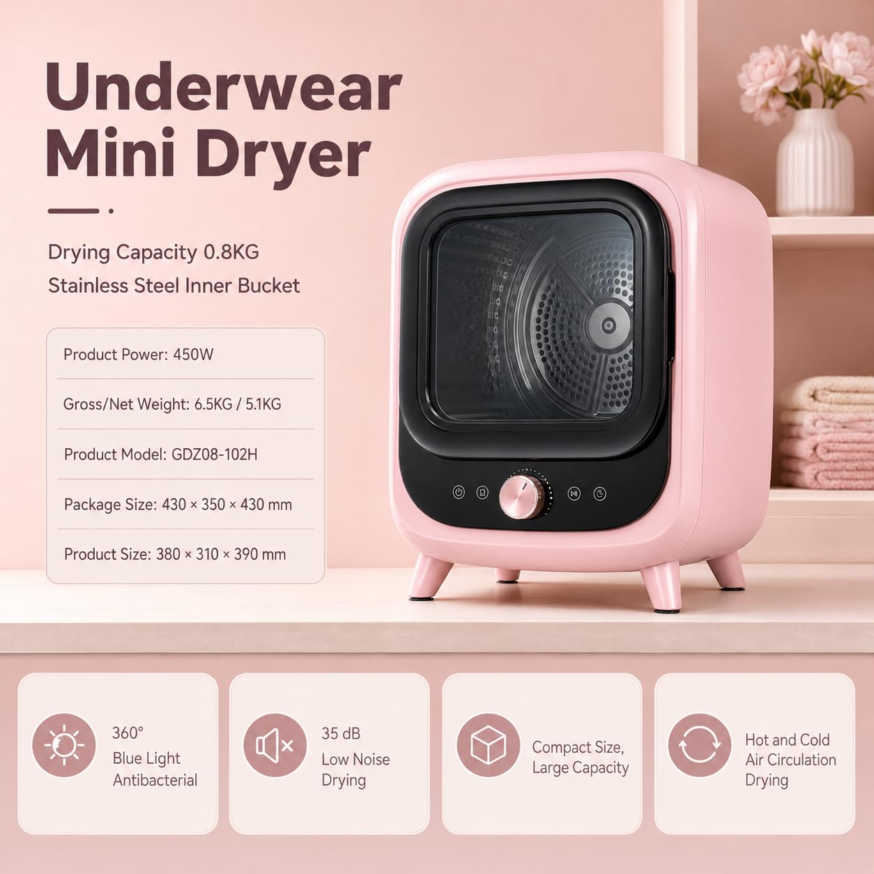 Mini 0.8 kg belüfteter Wäschetrockner, 450 W, 4 Programme, Pink | Edelstahltrommel, 35 dB Betrieb, Heiß- und Kalttrocknung, Timer-Steuerung und transparente Frontladertür