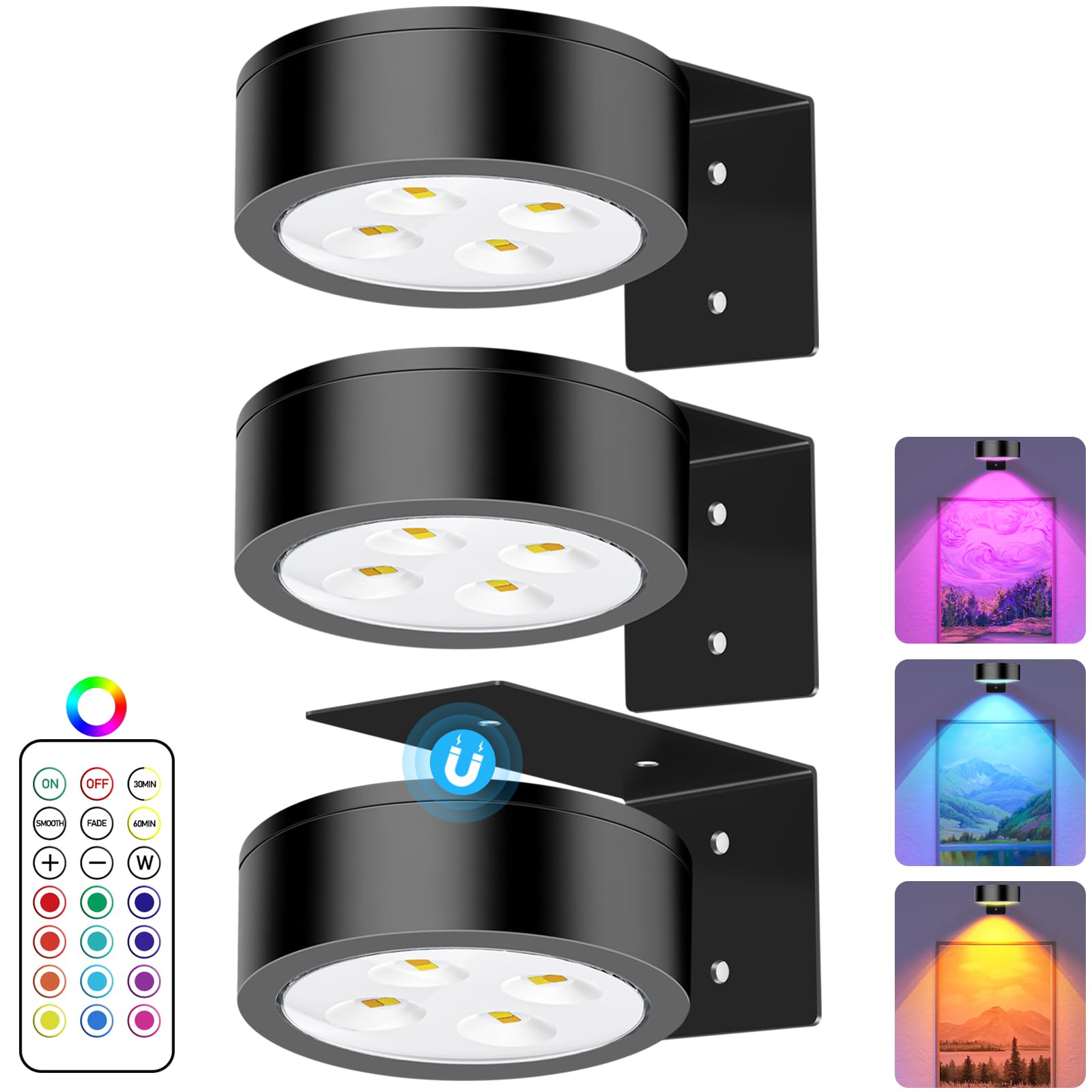 SIXDEFLY RGB Picture Light Battery Operated Painting Lights for Wall Wireless Magnetic Display Art Light with Remote Controls,Dimmable&Timer for Art Frame Artworking,3Pack Black