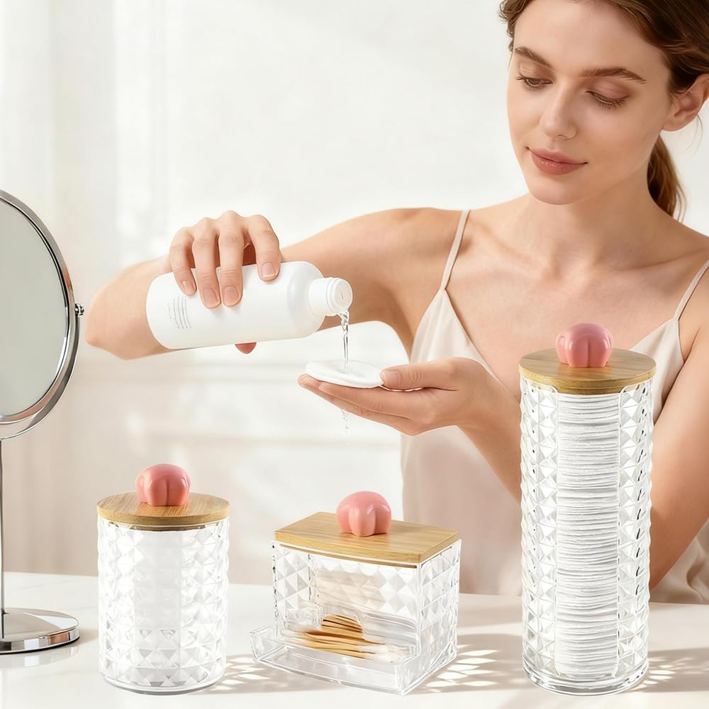 3 piezas Dispensador Discos Algodon, Dispensadores Discos Desmaquillantes, Caja de Almacenamiento de Hisopos de Algodón con Tapas de Bambú Contenedor, para Organizador de Almacenamiento de baño