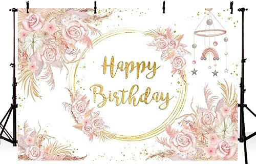 Miniatura 3 de SENDY Telón de fondo bohemio de feliz cumpleaños de 7 x 5 pies para niñas, decoración de fiesta de cumpleaños floral rosa, hierba de las pampas,