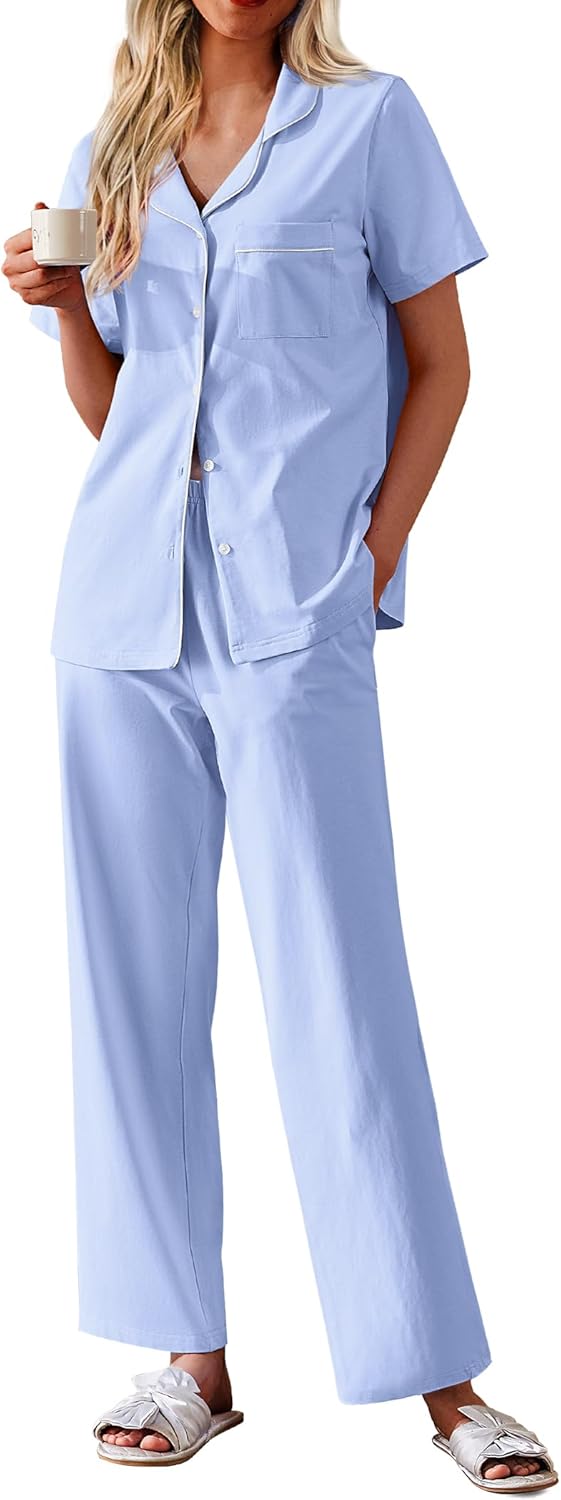 Ekouaer Women's 100% Cotton Pajamas Set Short Sleeve Button Down Pjs 2 Piece Soft Sleepwear with Long Pants Lounge Set