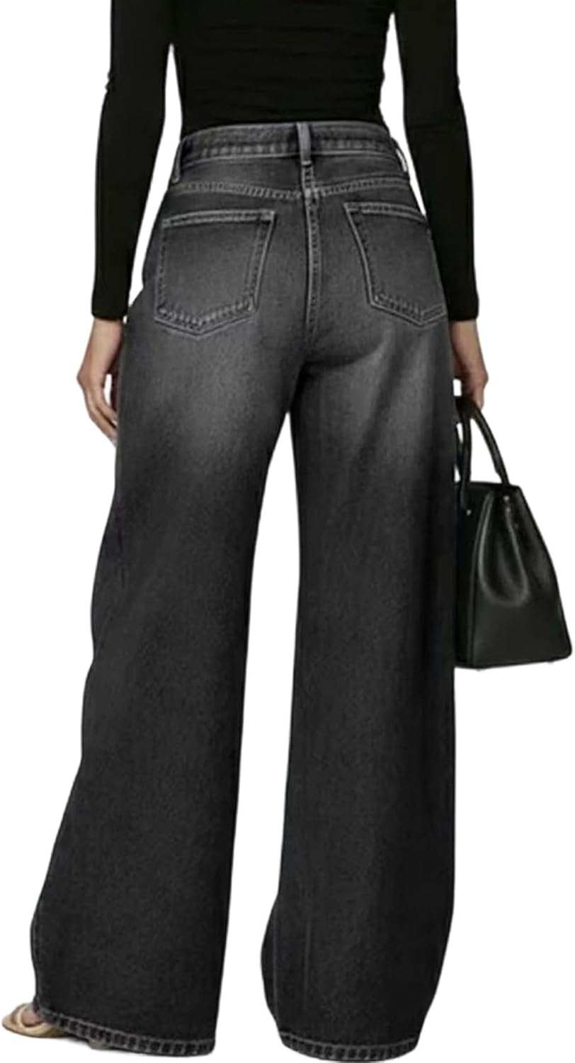Geulis Women's Wide Leg Jeans Trendy Metal Circle Ring Cut-Out Denim Pants Boyfriend Baggy High Waisted Jeans