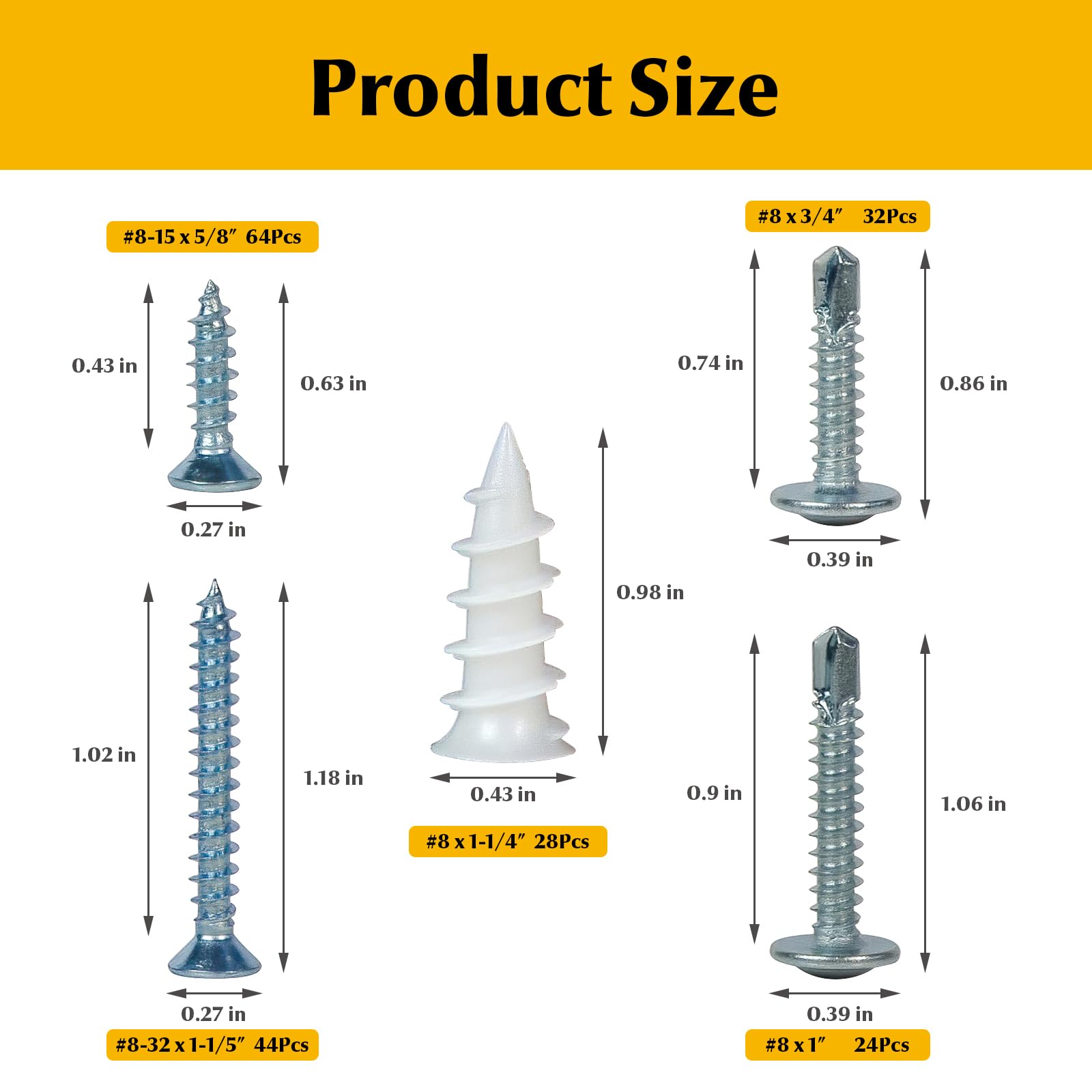 IROCRASPI 192Pcs Self Tapping Screws Drywall Anchors and Sheet Metal Screw Assortment,4 Size Kit for Installing Drywall, Wood,Metal Sheet Materials