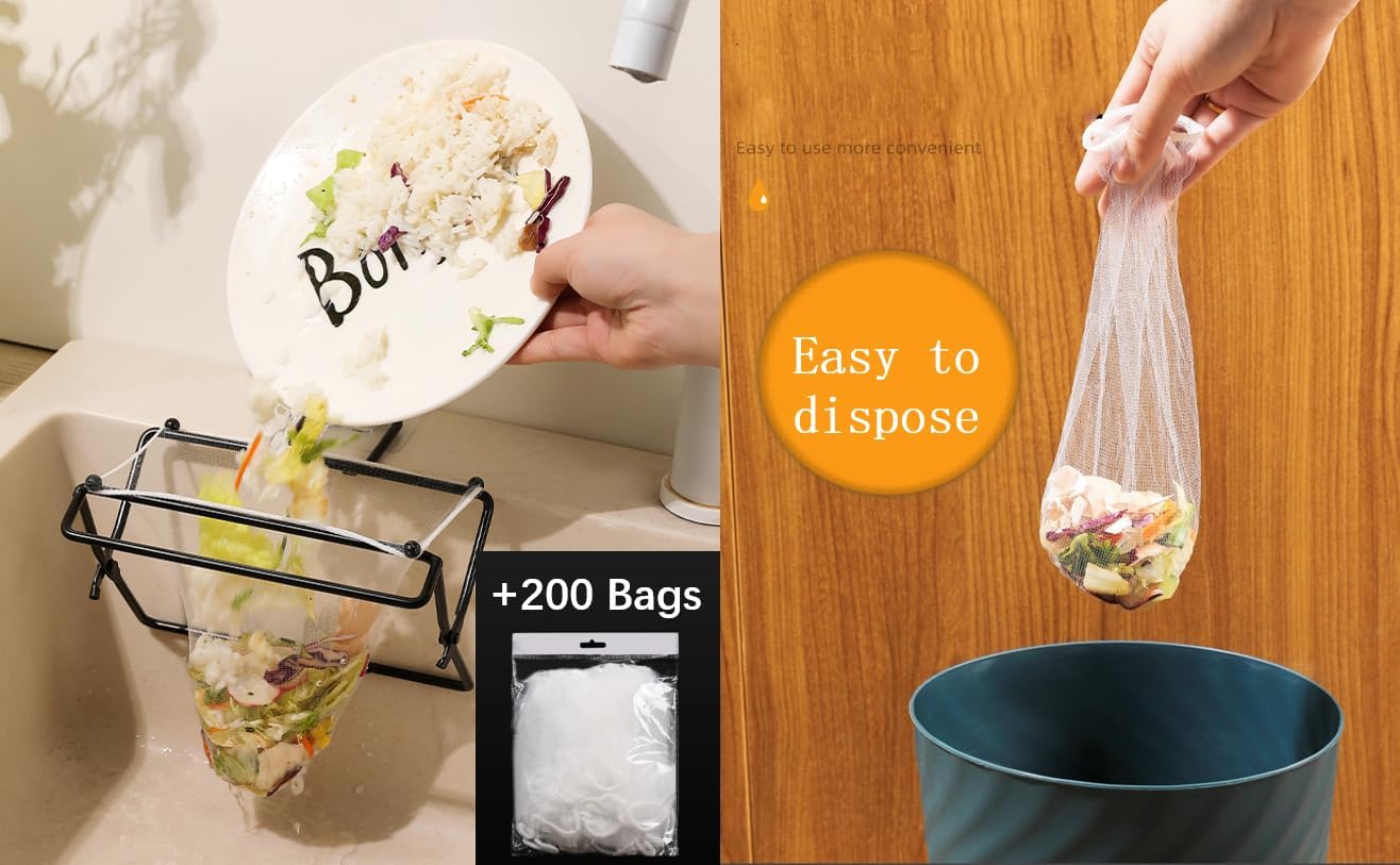 Disposable Kitchen Sink Strainer Filter | Foldable Iron Holder | Sink Strainer Mesh Bag | Sink Filter Rack, Kitchen Sink Food Catcher, Food Garbage, Kitchen Leftover Collector (B (Holder + 200 Bags))