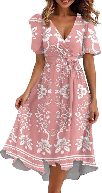 Summer Dresses for Women 2025 Midi Trendy Flowy Swing Short Sleeve V Neck Boho Floral Elegant A Line Dress