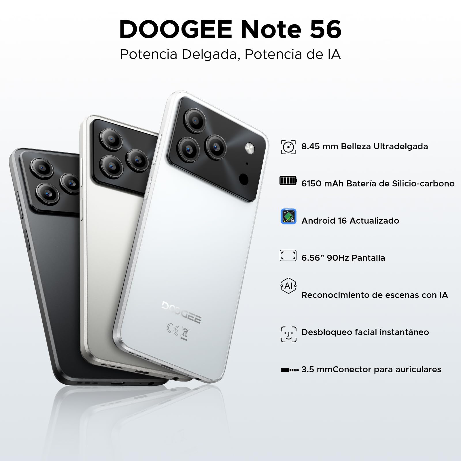 Note56 Android 16 Mobile Phone, 6250mAh Silicon Anode Battery, 6.56" HD+ IPS 90Hz, Octa Core 24GB+64GB Smartphone, 8MP, Body 8.48mm Phone, Face ID/OTG/GPS/Dual SIM 4G Mobile