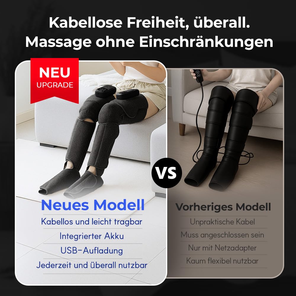 HuBDIC HubiCare Kabelloses Beinmassagegerät mit Wärme- und Luftkompression für Durchblutung und Schmerzlinderung, 5 Modi mit 5 Intensitäten, reduziert Schwellungen, Muskelentspannungsgerät (Schwarz)