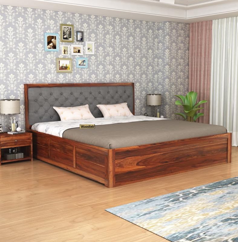WOODLAB Furniture Solid Sheesham Wood Queen Size Double Bed with Box Storage | Space-Saving Wooden Double Cot Palang | Ideal Furniture for Bedroom Living Room and Hotel (Honey Finish)
