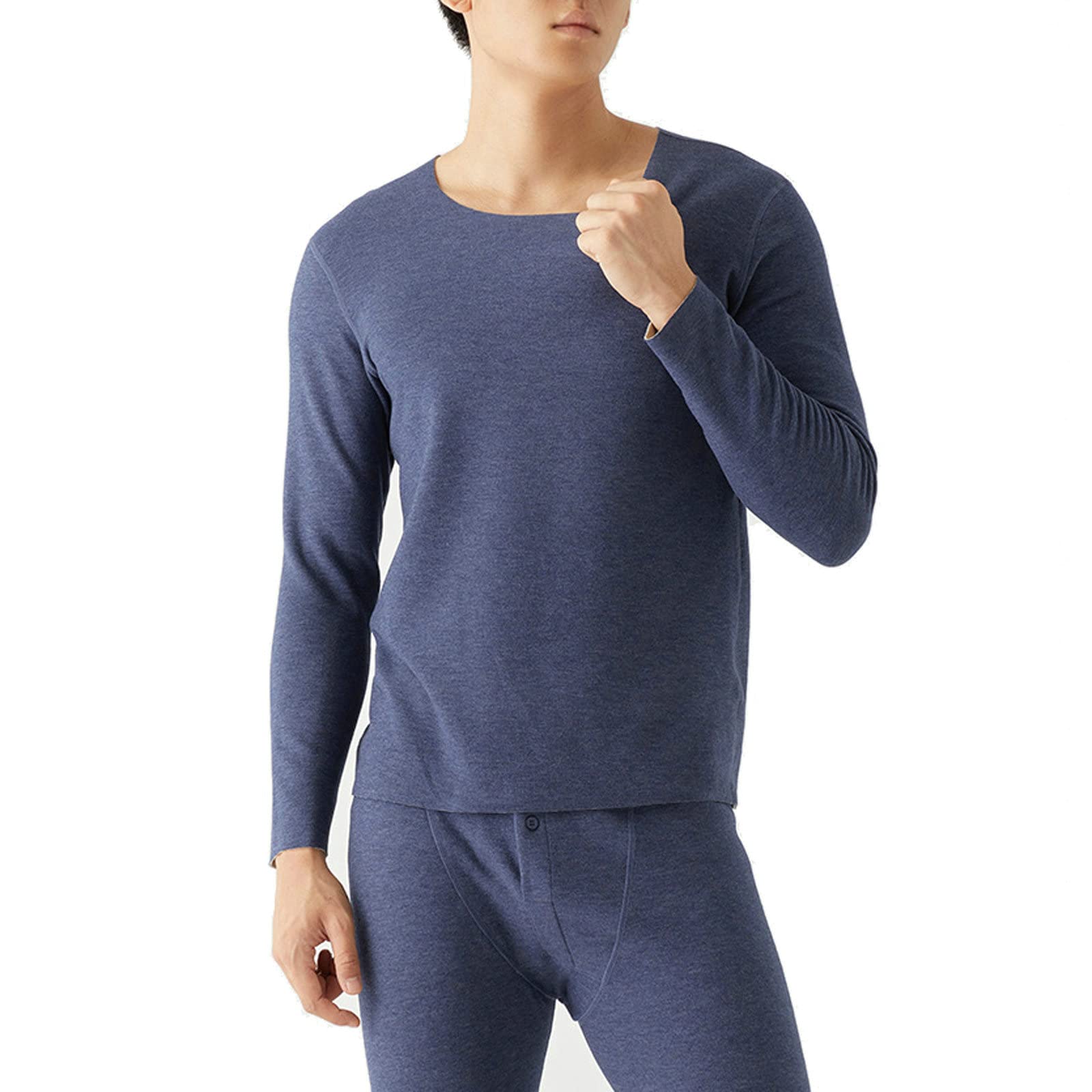 Aeici Ropa interior térmica Hombre Fibra Acrílico Cuello Redondo Top Manga Larga Hombre Azul Marino