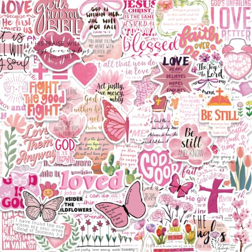 100PCS Pink Bible Verse Stickers for Adults Jesus Stickers Faith Based Gifts for Girl Women Inspirational Jesus Qoute Praise God Religious Decoration Party Favors